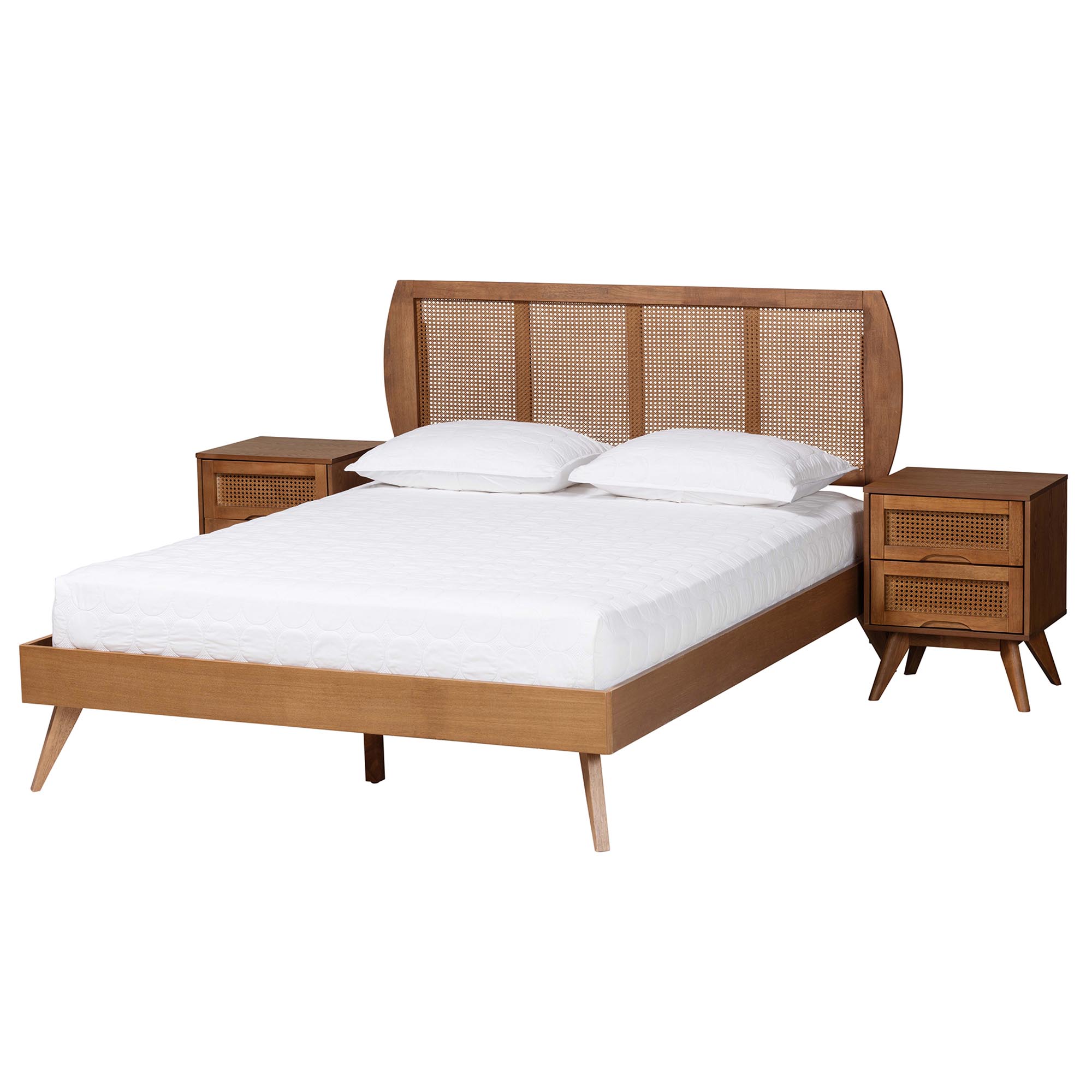 Baxton Studio Asami Mid-Century Modern Walnut Brown Finished Wood and Woven Rattan King Size 3-Piece Bedroom Set